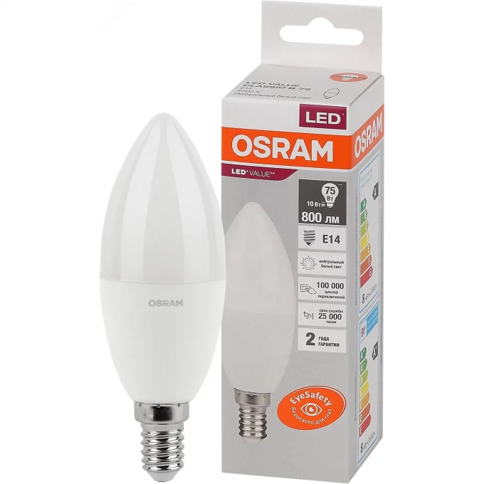 LEDVANCE LED 10 Вт E14 4000К 800Лм свеча 220 В (замена 75Вт) OSRAM 4058075579187. Купить Лампа светодиодная на Официальном Сайте LEDVANCE в Новосибирске.